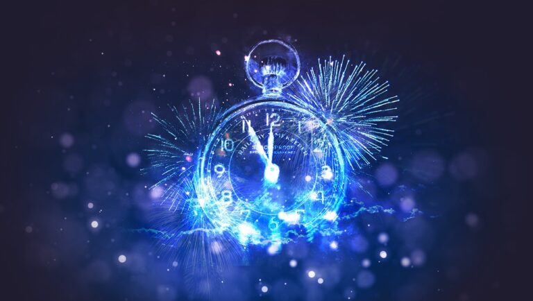 Clock countdown to new year with fireworks